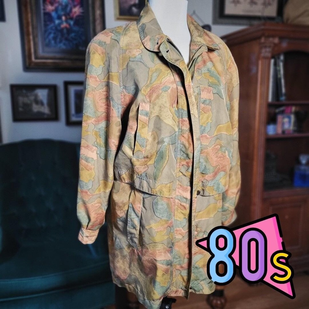 PH Camo Silk Jacket Vintage 80s Lightweight Abstract Oversized Tan Coat Rare‎